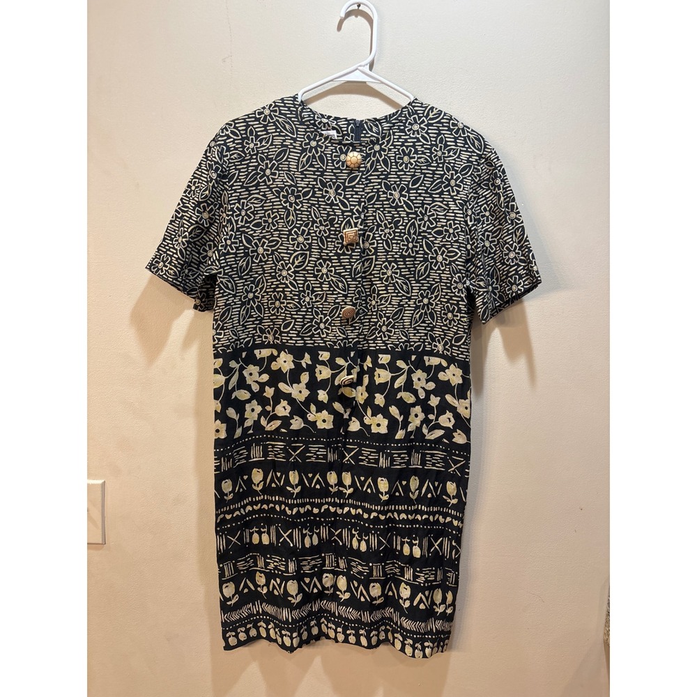 Vintage Jessica Howard Linen Blend Floral Print Shift Dress Black Cream Size 8